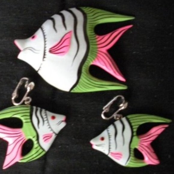 Earrings Pierced/Clip On + Matching Brooch Pin Tropical Fish Costume Jewelry NEW - Picture 7 of 8